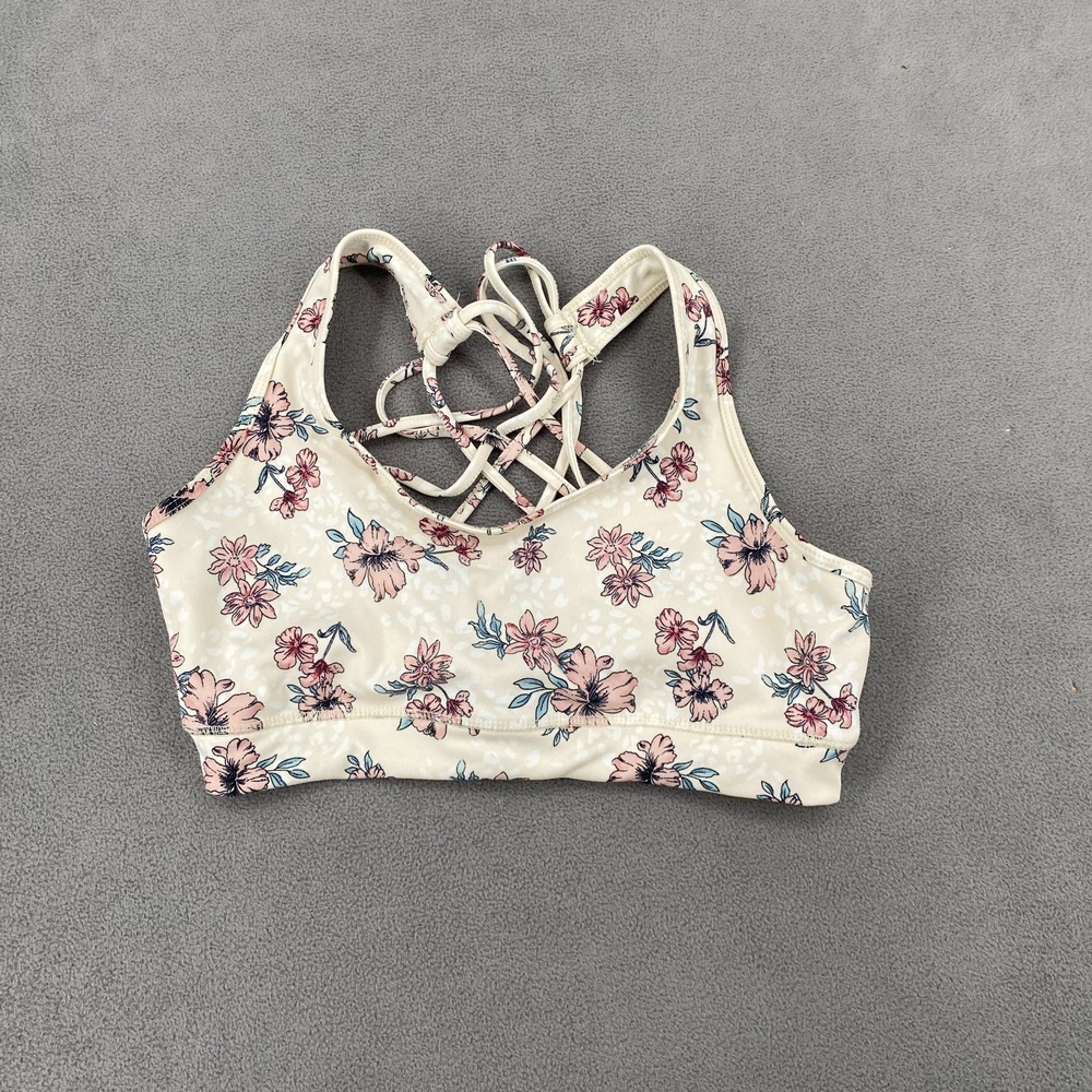 SHOSHO Sports Bra Womens Large Cream Pink Floral Stretch Scoop Neck Strappy Back